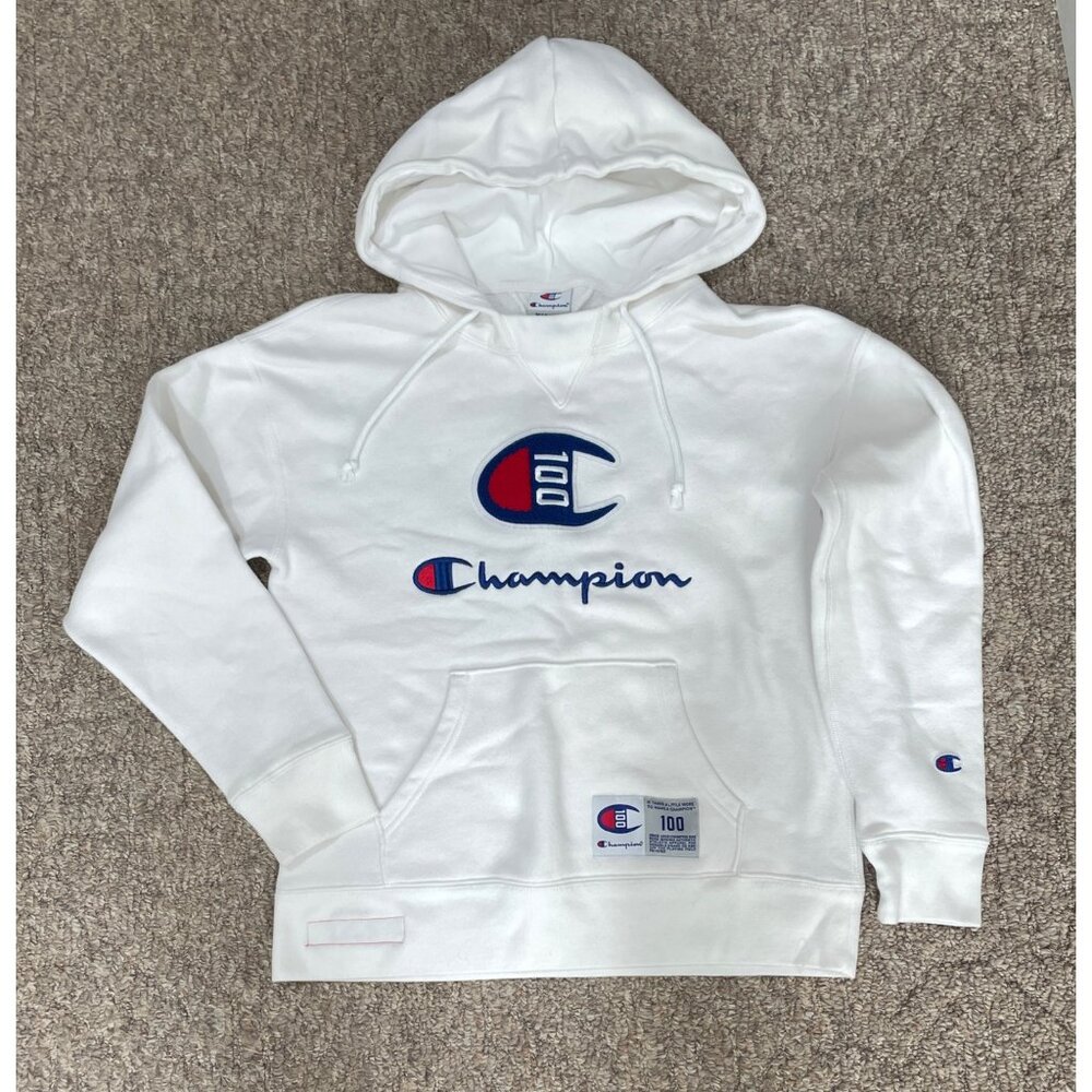 Champion 100 Hoodie Sweatshirt Womens M White Embroidered Century Collection